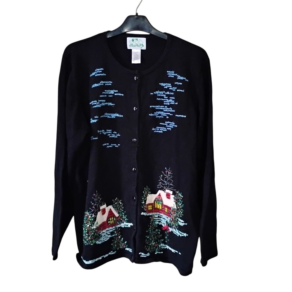 Quacker Factory Holiday Cardigan Sweater Black Winter Cabin Sequin Beaded Large